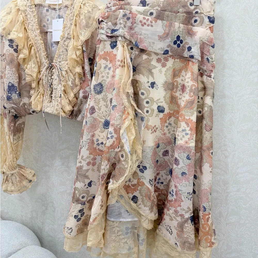 Zimmermann Floral Lace Tiered High-Low Midi Skirt in Cream with Pastel Accents
